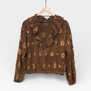Sage + Fig Brown Textured Floral Long Sleeve Ruffle Neck Top Women's Size Medium
